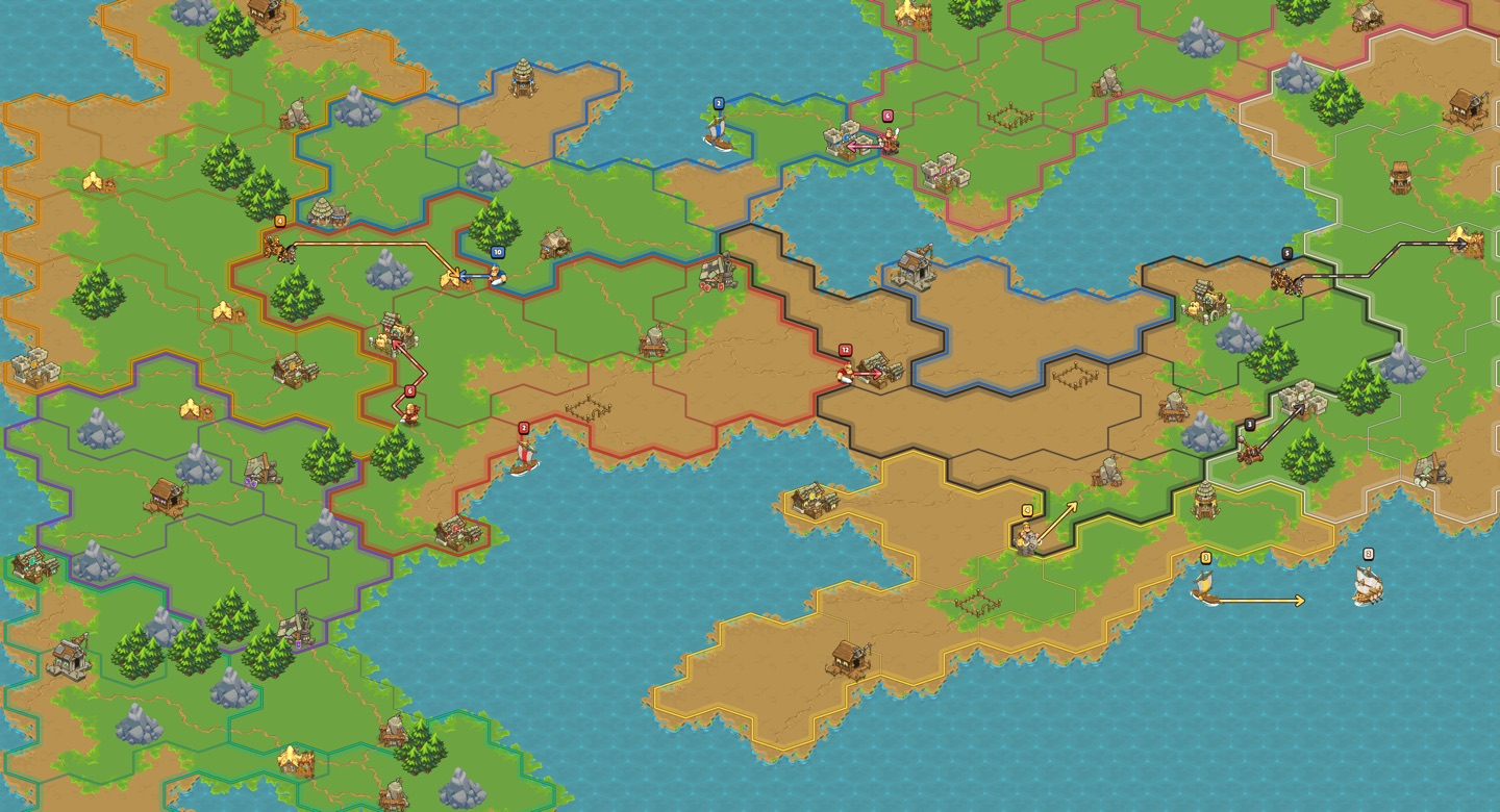 A real Iron Empires map: rival realms outlined in color, with their towns, roads, and armies on the march